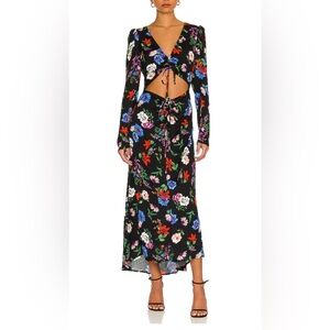 AFRM Women's Midori Cinched Floral Long Maxi Dress w/ Front Cut Out Tie Sz L
